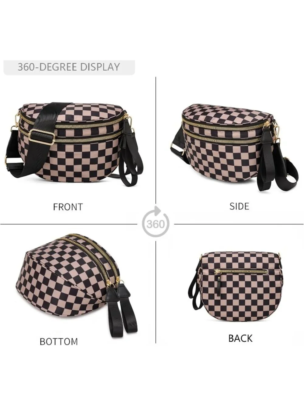 Women's Khaki Spacious Checkered Double-Zipper Compartment Fashion Crossbody Bag - Picture 6 of 6